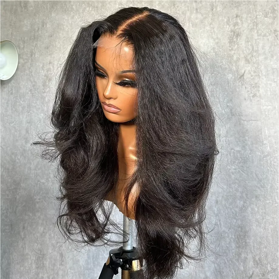 Wig Rambut Sintetis Berkualitas Tinggi, Model Body Wave Soft Yaki Preplucked 28 inci, Density 180, Lace Front 13x4, Kinky Straight