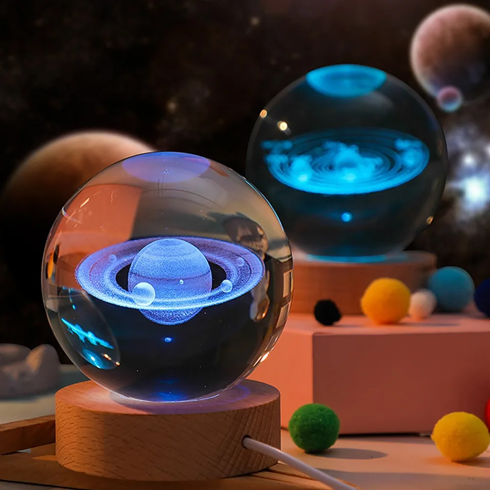 USB Powered Crystal Ball Night Light 2.36in Glass Sphere 3D Laser Engraved 3D Ball Night Light with Wooden Base