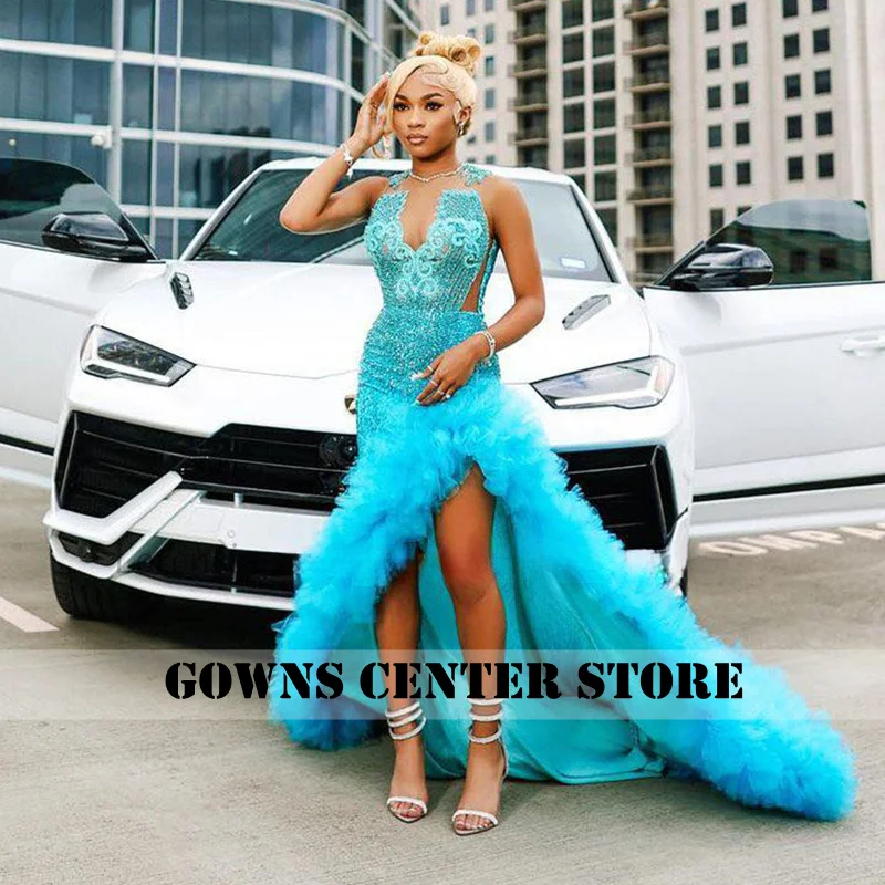 

Crystal Mermaid Prom Dress For Black Girl Ruffle Rhinestones Front Split Birthday Party Dresses Sleeveless robe chic soirée