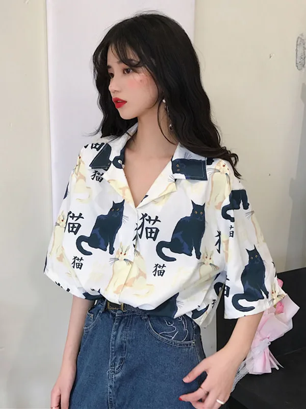 Verão 2025 Estilo Retrô Hong Kong Estampa Solta Camiseta Coreana Corte Reto em Algodão para Meninas Adolescentes