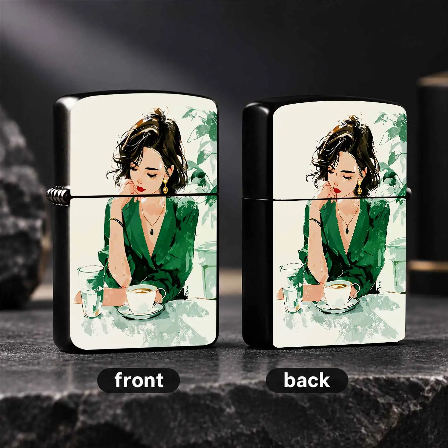 Elegant Green Aesthetic Cozy Leisure Lady Illustration Lighter, Portable Stylish Ignition Accessory for Daily Commute, Dating, Casual Gathering, Outdoor Trips, Versatile Practical Exquisite Gift with Artistic Premium Vib A Humorous And Inte