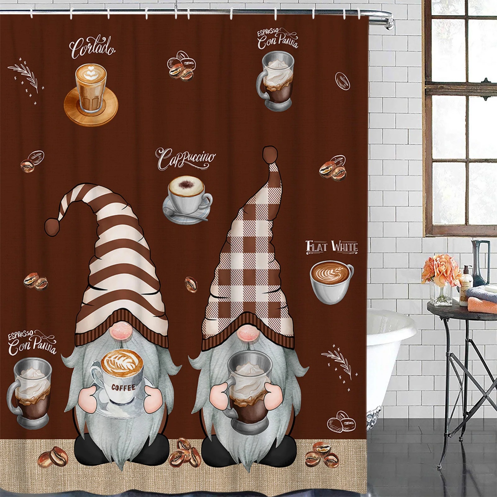 Coffee Dwarf Coffee Beans Waterproof Bathroom Decoration Shower Curtain With Hook Printed Bathtub Curtains Bathroom Accessories