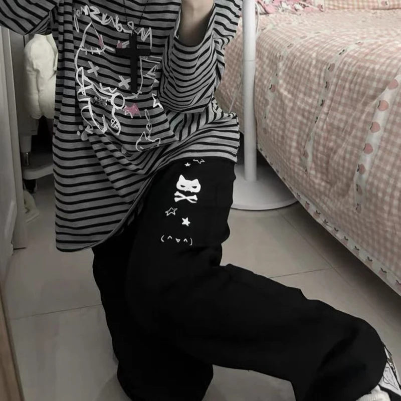 Y2k subcultura calças femininas japonês harajuku impressão dos desenhos animados preto perna larga perder casual cintura alta doce streetwear calças