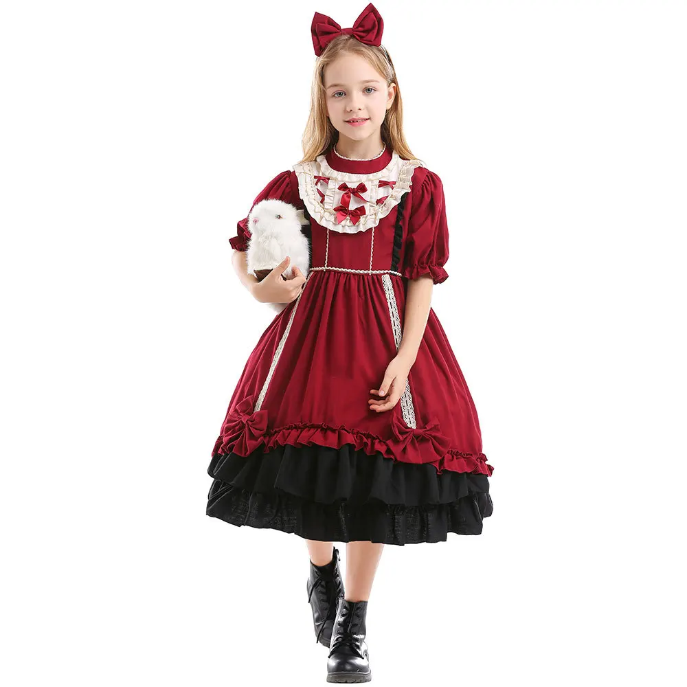 

Halloween Spanish Lolita Children's Dress Princess Wine Red Lolita Maid Photography Cosplay Role-playing Outfit Costumes