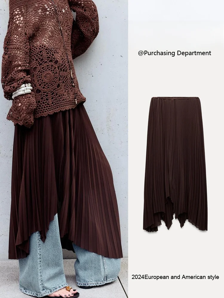 

New Women's High Waist Elastic Pleated Casual Long Midi Skirt Asymmetrical Design Commute Sle Autumn Collection 2024
