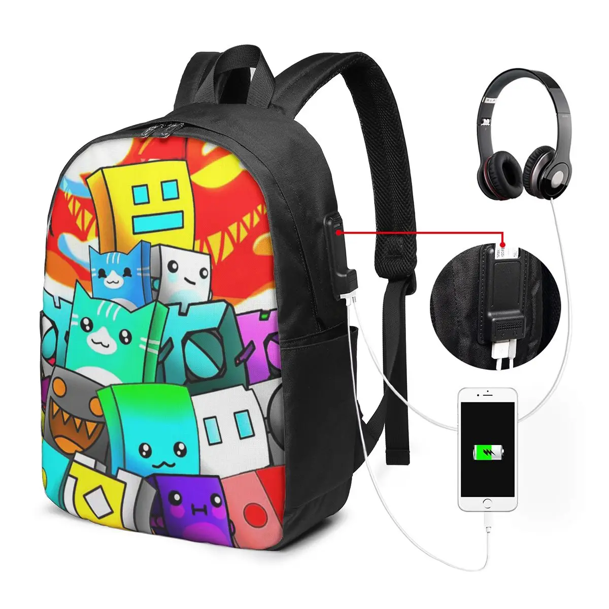 Geometry Dash Game Themed Cartoon Backpack Travel Notebook Bag Computer College Student School Bag Laptop Shoulder Bags