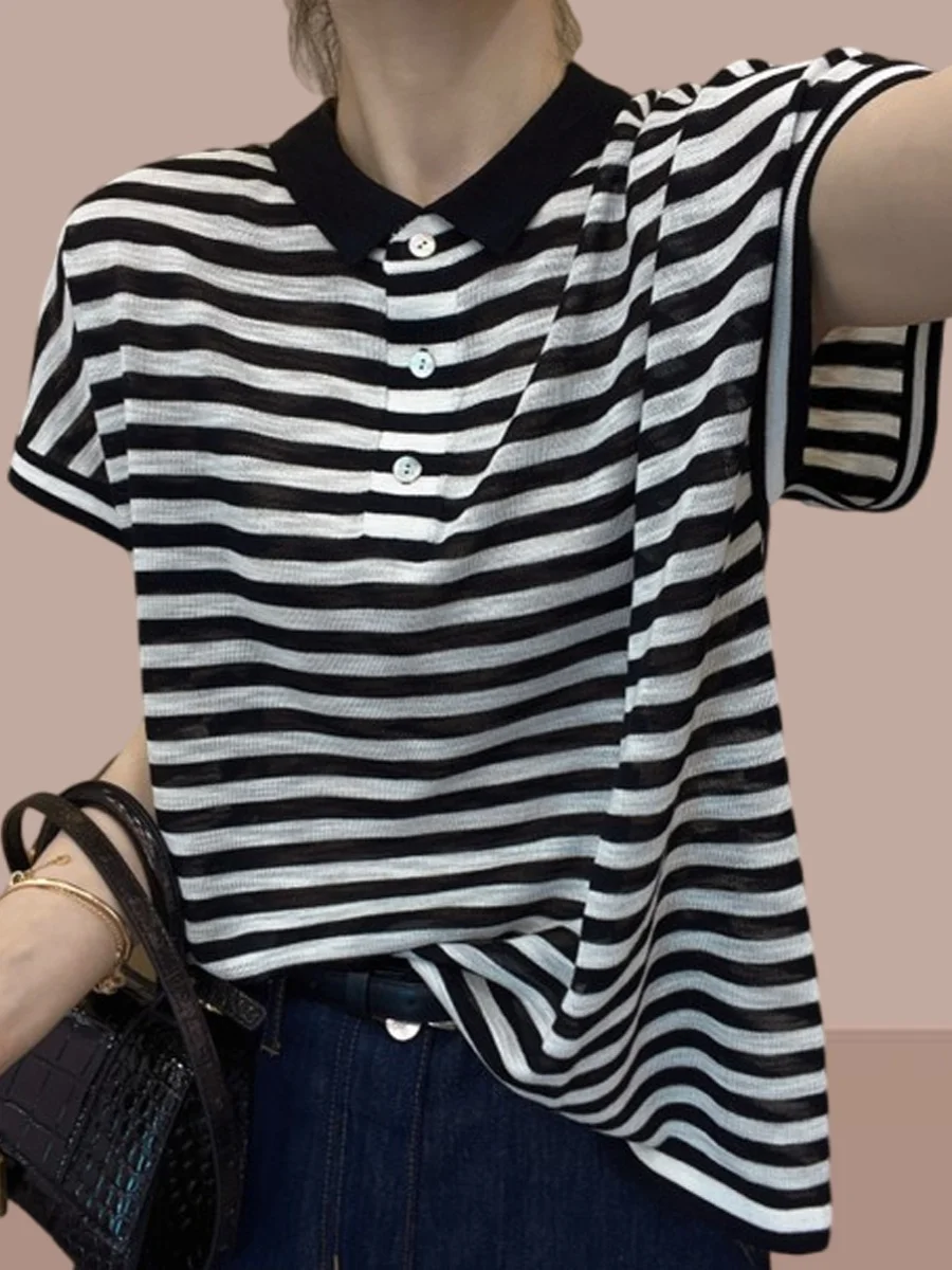 Été nouveau femmes pur coton Ne T-shirt coupe ample mince ort Sve haut rayé Faionable polyvalent coréen Sle