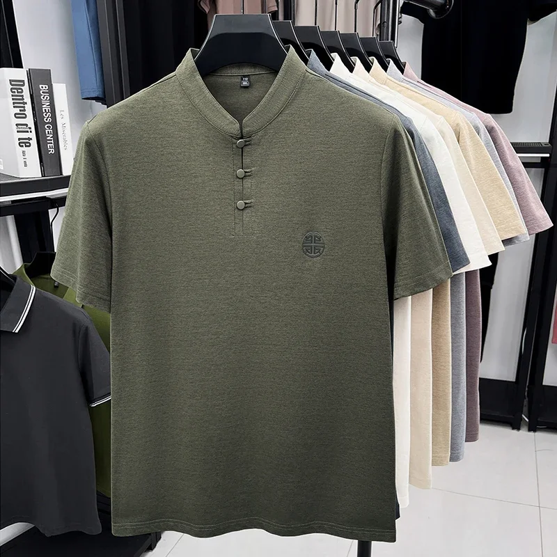 Men's Mandarin Collar Short Sleeve T Shirt Chinese Style Frog Button Embroidered Tee Soft For Daily Wear And Casual Outings