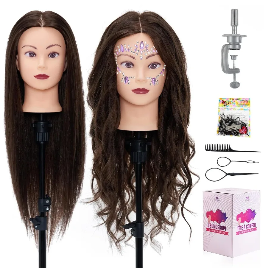 28 رأس عارضة أزياء مع 80 شعر حقيقي للتدريب على التجميل وتصفيف الشعر وممارسة رأس دمية عارضة أزياء للشعر البشري مع طاولة