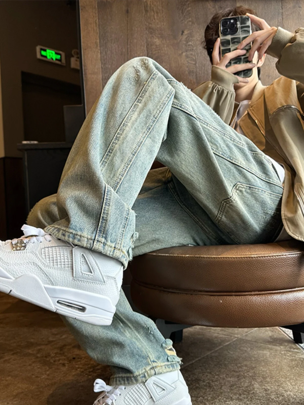 

Рваные джинсы мужские, весенние, модные, свободного кроя, прямые, расклешенные, в американском ретро-стиле, молодежные, износостойкие, длинные брюки