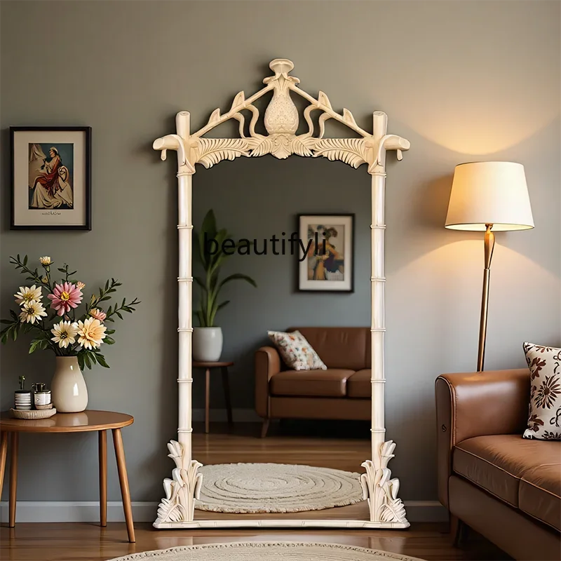 Vintage Artistic Bamboo Full-Length Mirror French Retro Floor Mirror American Country Style Dressing Mirror