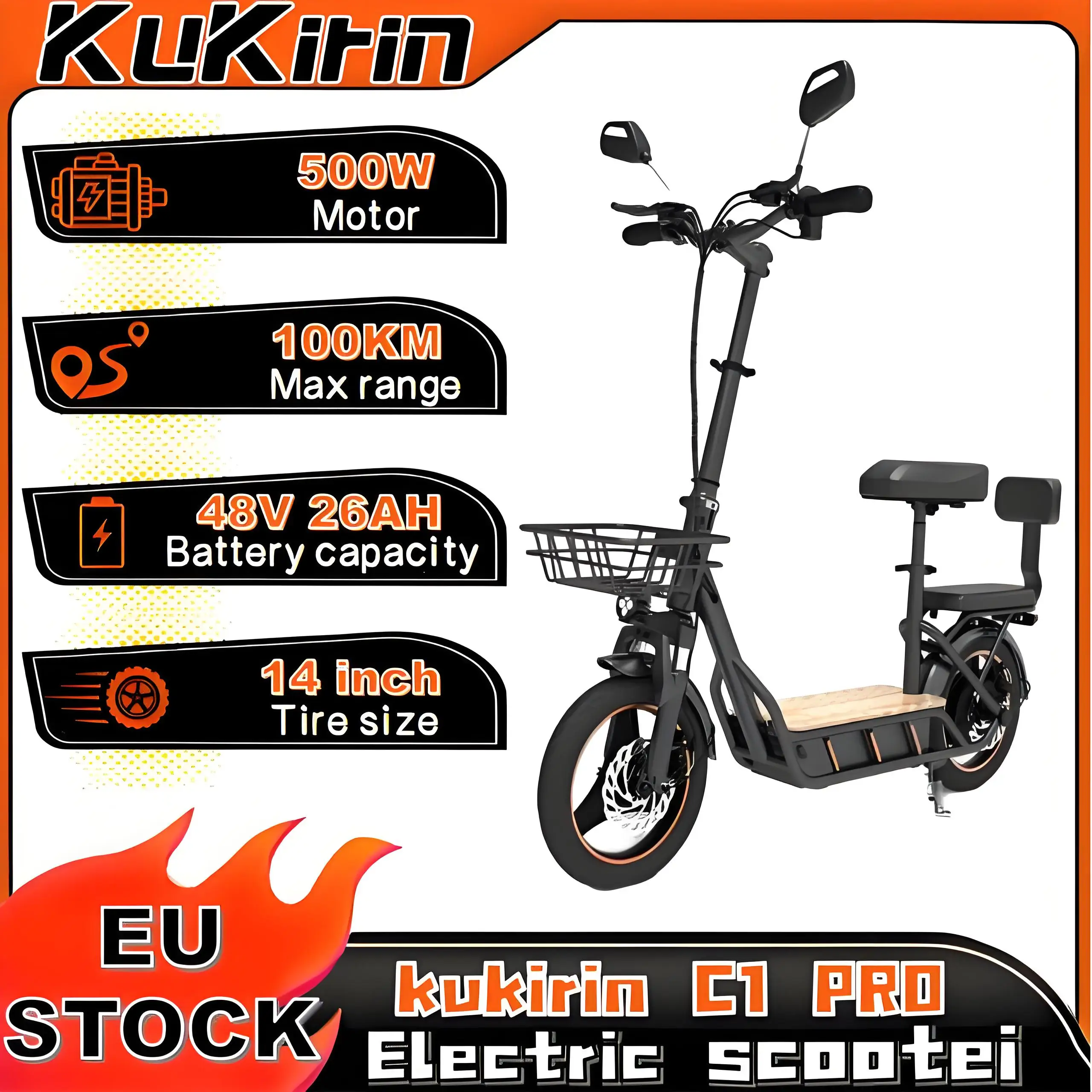 Kukirin C1 PRO scooter électrique pliant 500W 48V 26Ah protection 14 pouces hors route 45 km/h vitesse 100 km portée
