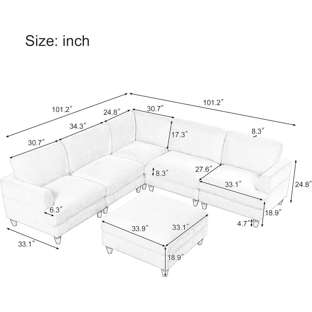 L/U 6 Seaters Free Combined Corner Sofa&Couch Convertible Spacious Sleeper Sofabed for Living Room with Movable Ottoman