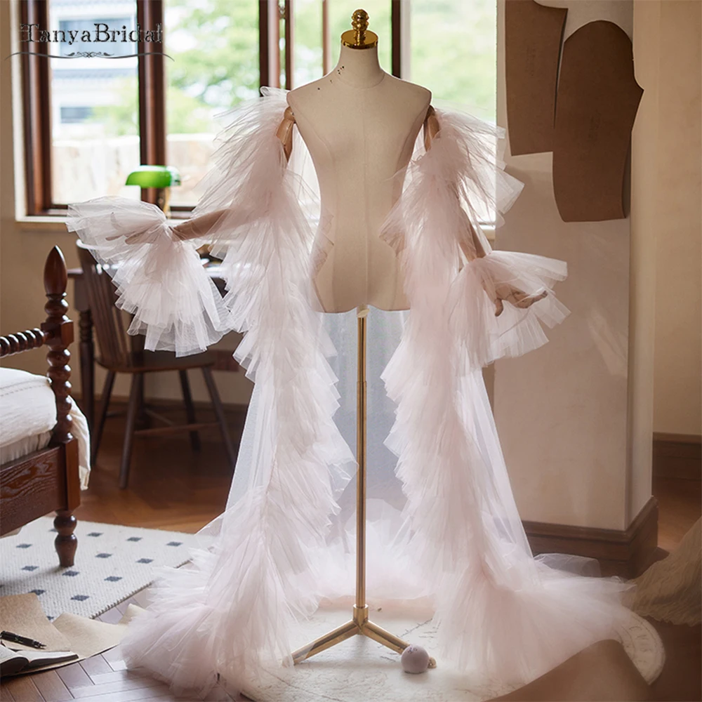 

Pink Tulle Wedding Cape With Ruffles Edge ,Long Jacket ,Bridal Robe Morning Jacket Chic DJ380