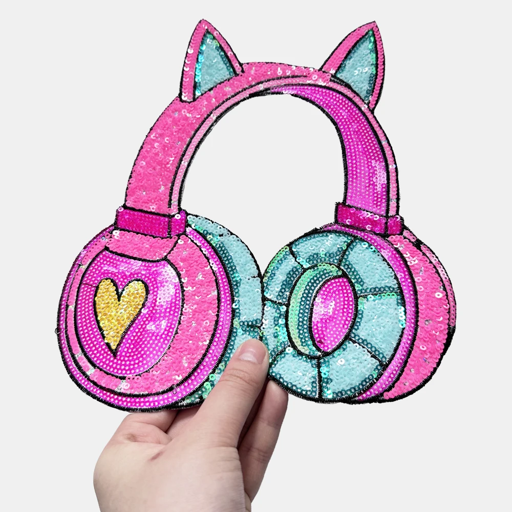 1 Piece 22.5*20 cm Pink Sequins Earphone Patch Shining Iron on Patch for Garment Decoration DIY Applique Clothing Accessories