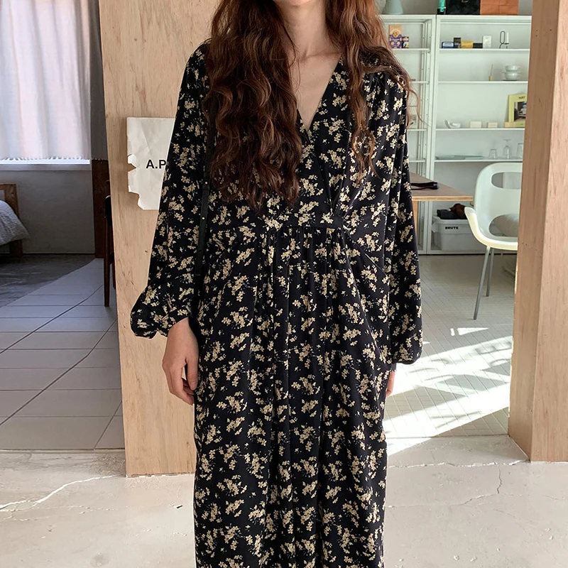 Early Autumn Vintage Ele V-ne Floral Loose Long Sve Dr Women's Long Dr Korean Sle Commute mid Waist Skirt
