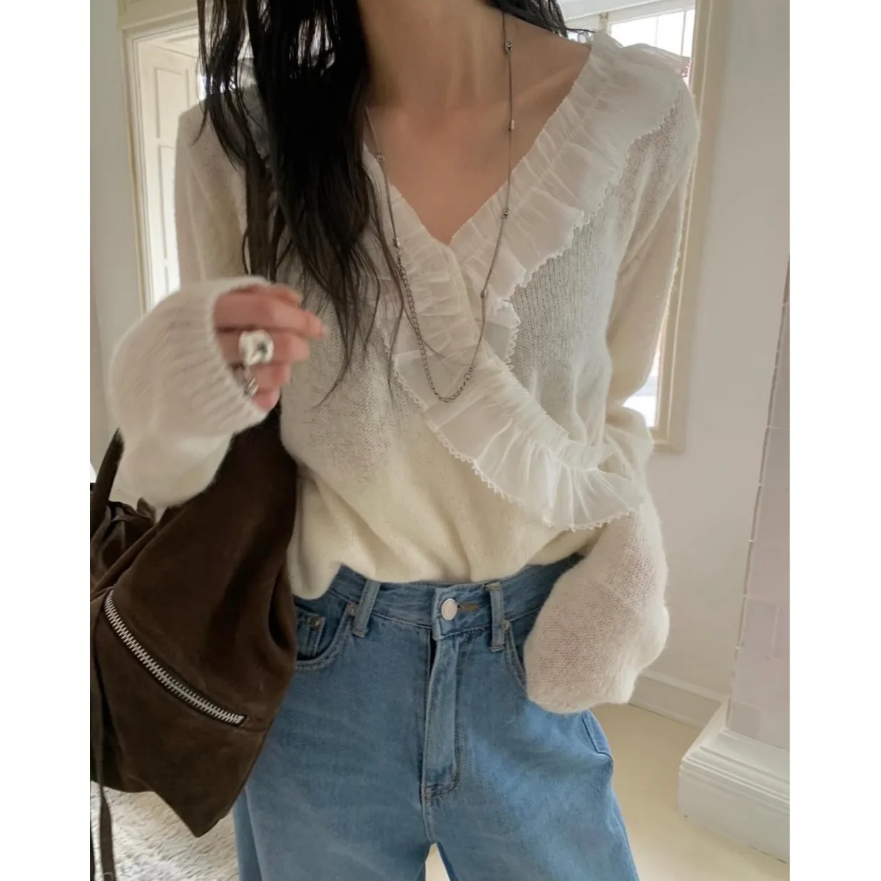 

Korean Sle Sweet Lace Trim Splice V-ne Knitted Sweater Women's Early Spring Faion Versatile Chic Long Sve Knitwear