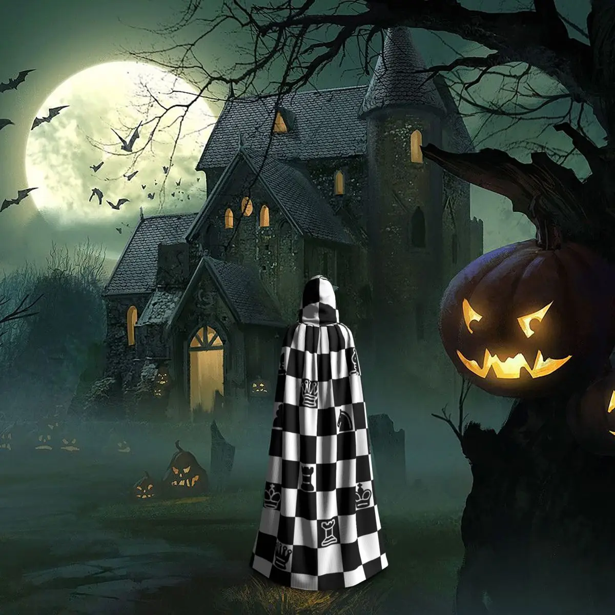 Black And White Chess Long Hooded Cloak Witch Medieval Costume Cosplay Cape HalloweenCoat Adult Unisex