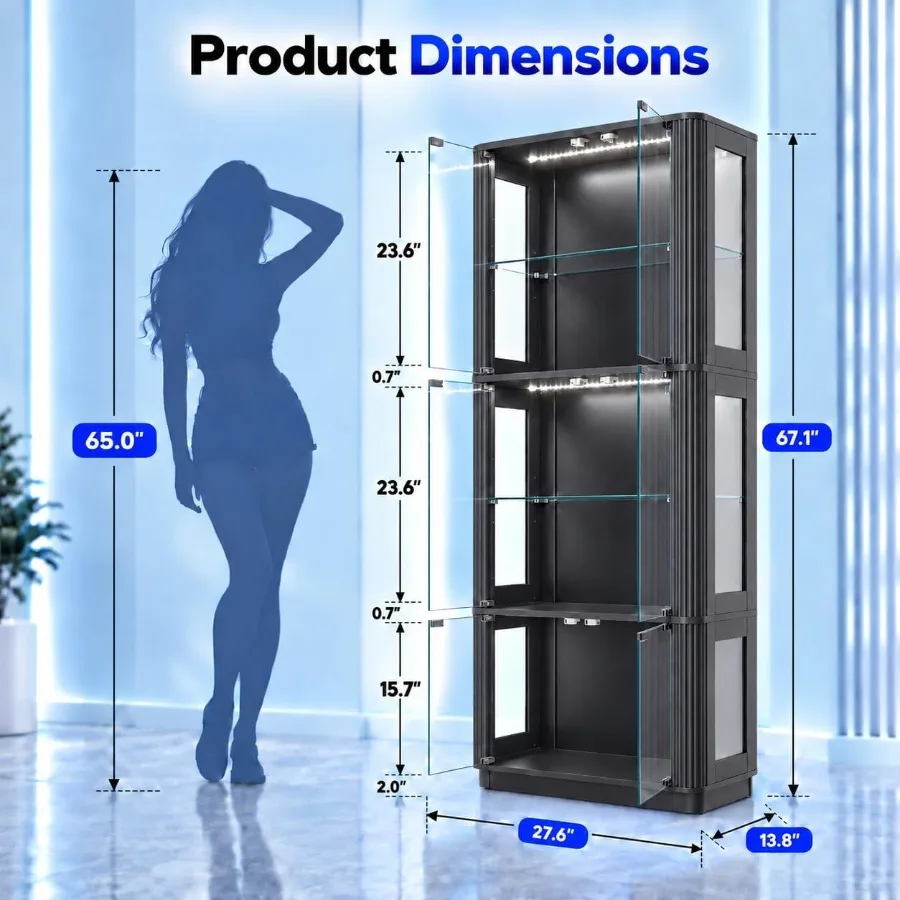 5-Tier Display Cabinets for Retail Use, Tempered Glass Construction, Clear Finish, Heavy-Duty Adjustable Shelves