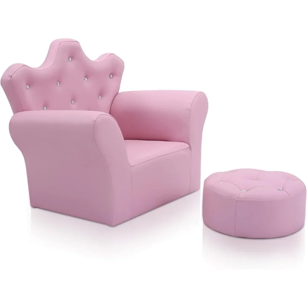 Children's sofa, upholstered children's sofa with ottoman, trimmed with diamonds, pink