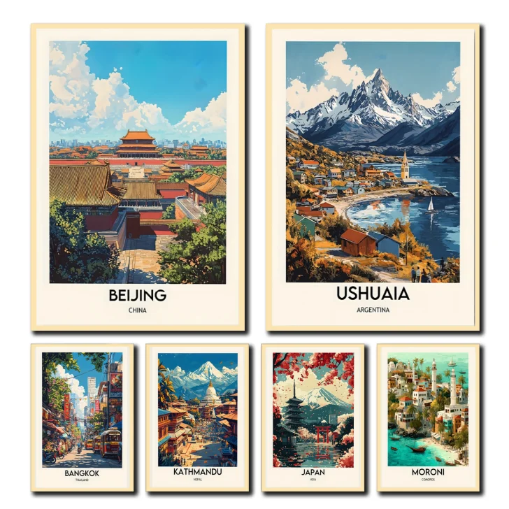 Pintura en Lienzo con Impresiones de Viajes a China, Argentina, Tailandia, Nepal y Japón, Arte de Pared para Sala de Estar, Dormitorio, Bar, Decoración del Hogar, Regalos
