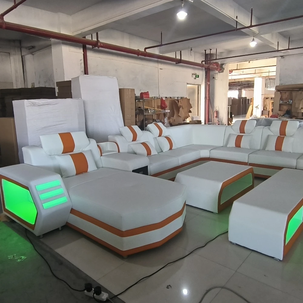 

Modern LED Light Genuine Leather Sectional Sofa Set with Storage Shelves, USB Charging Ports, Cup Holder and Contemporary Design