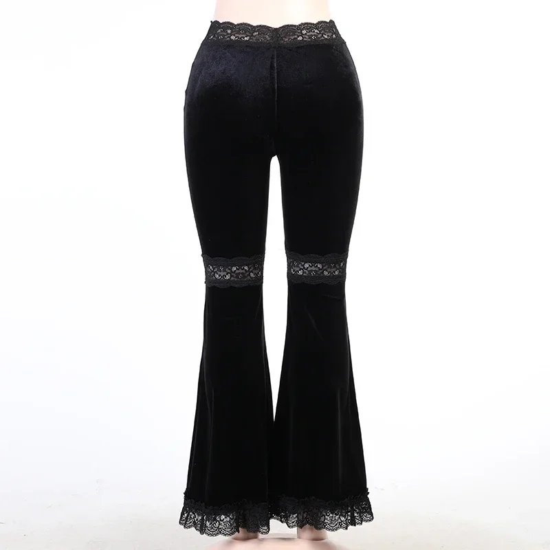 WOWOOTD Mall Goth pantaloni svasati a vita alta pantaloni da donna Patchwork di pizzo Sexy estetico pantaloni natalizi in velluto eleganti Vintage