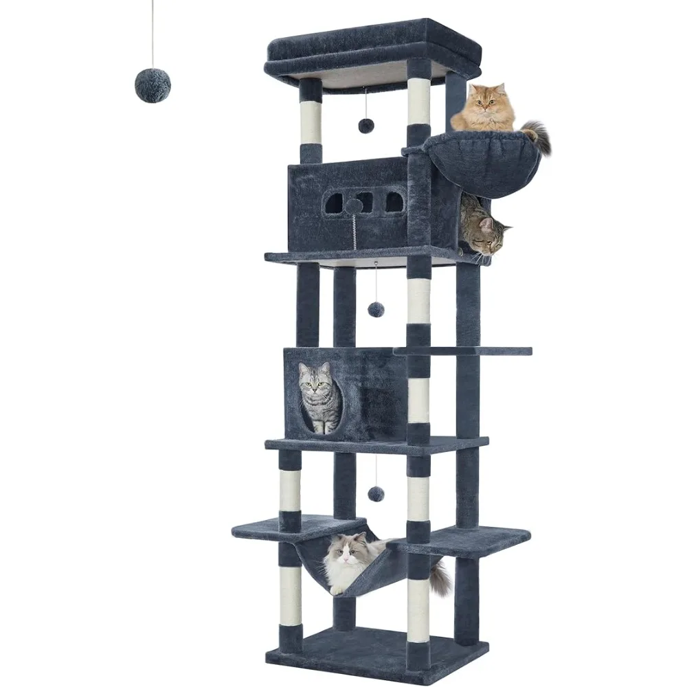 Grande tour pour chat de 170 cm, adaptée aux chats de bar de mer d'intérieur, tapis lavable, 2 maisons pour chat, 8 poteaux à gratter, jambon