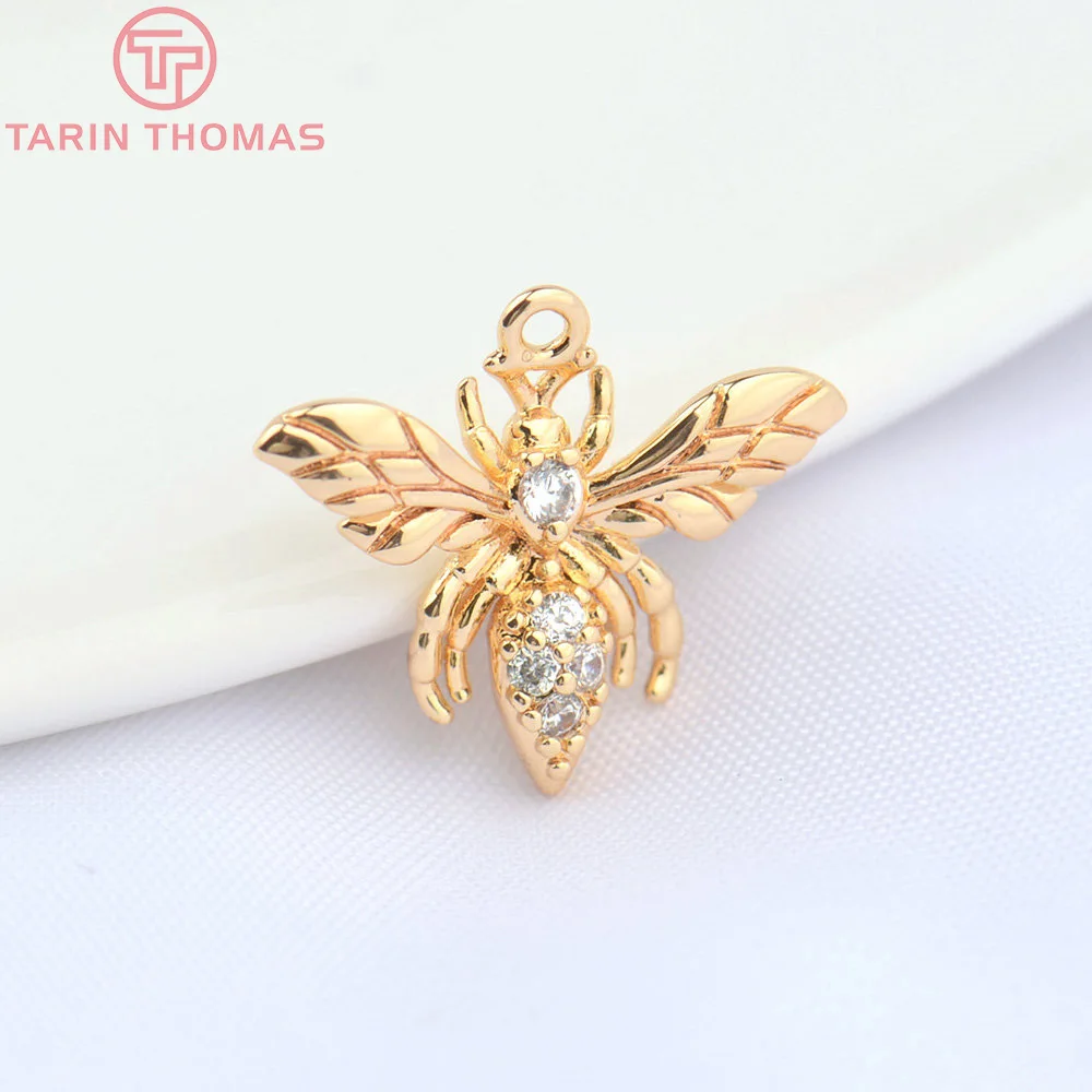 (4625) 6PCS 14x12MM Hole1MM 24K Gold Color Brass with Zircon Bee Pendants High Quality DIY Jewelry Making Findings Wholesale