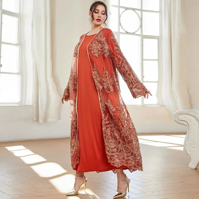 Embroidery Abaya Women Muslim Mesh Maxi Dress Ramadan Kimono Cardigan Marocain Kaftan 2 Piece Set Dubai Turkey Jalabiya Djellaba