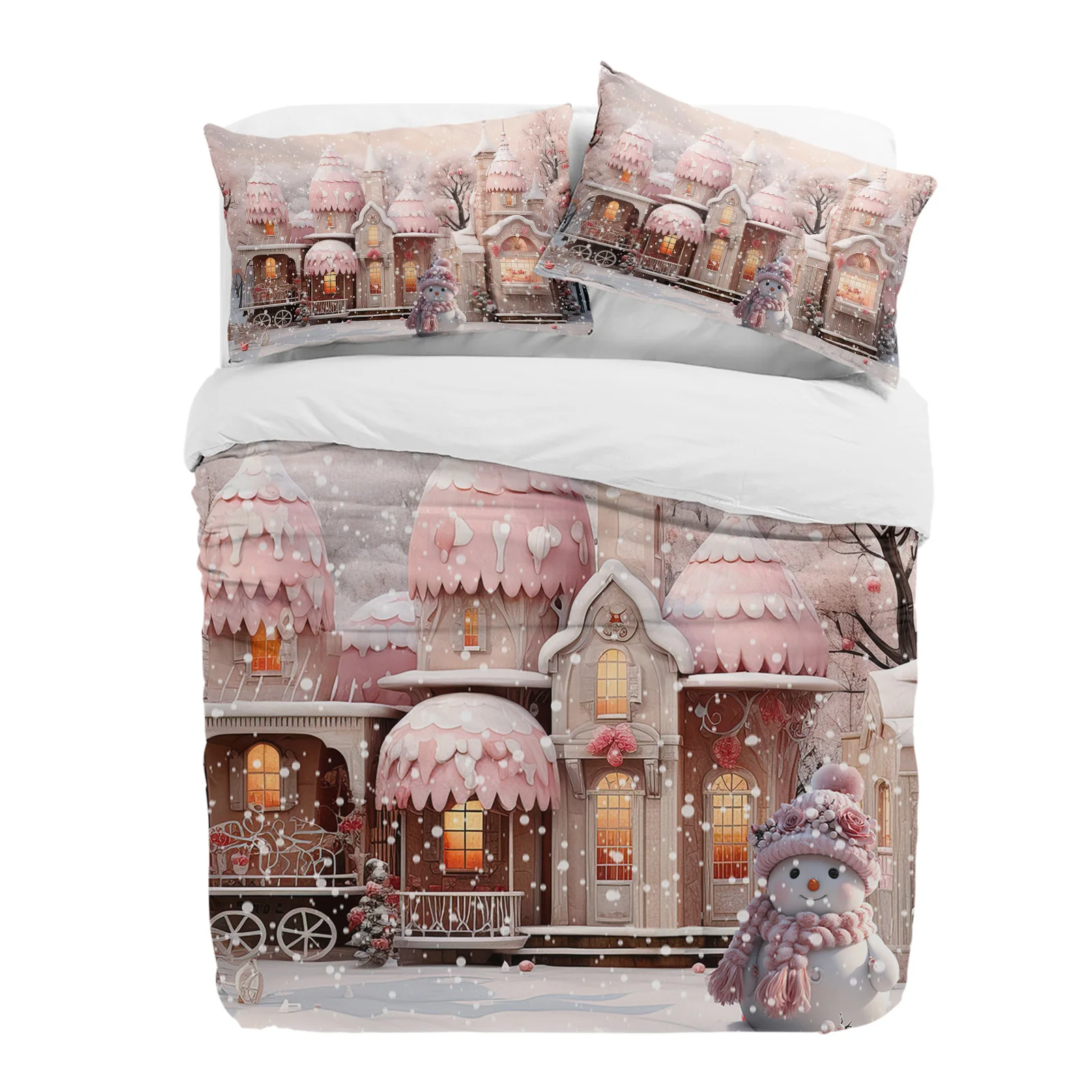 

Christmas Snowman Snow Scene Pink House 3pcs Bedding Set For Double Bed Home Textile Duvet Cover Quilt Cover Pillowcase