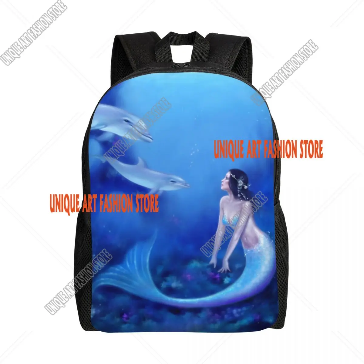 3D Print Beautiful Mermaid And Dolphins Backpack for Ocean Fantasy Art School College Travel Bags Bookbag Fits 15 Inch Laptop