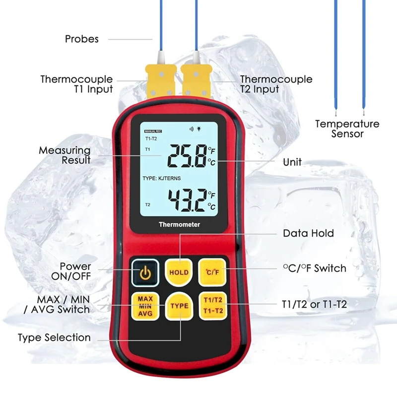 Digital Thermocouple Thermometer, Dual Channel Thermometer With Two K Type Probes LCD Display Temperature Meter