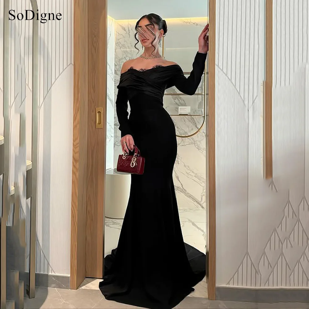SoDigne Elegant Black Evening Dresses Lace Off The Shoulder Full Sleeves Party Dress Mermaid Formal Prom Gowns Customized