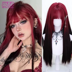 WTB Synthetic Hair Wine Red Black Long Straight Synthetic Lolita Wig High Temperature Fiber Wig with Bangs Cosplay Halloween Wig