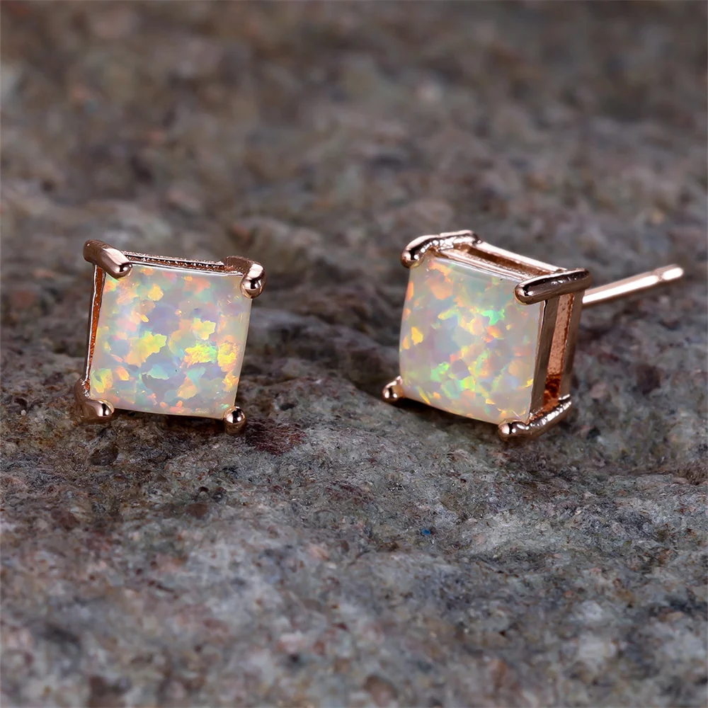 Square Stone 4/5/6/7MM White Fire Opal Stud Earrings For Women Vintage Rose Gold Color Wedding Jewelry Bridal Engagement Gifts