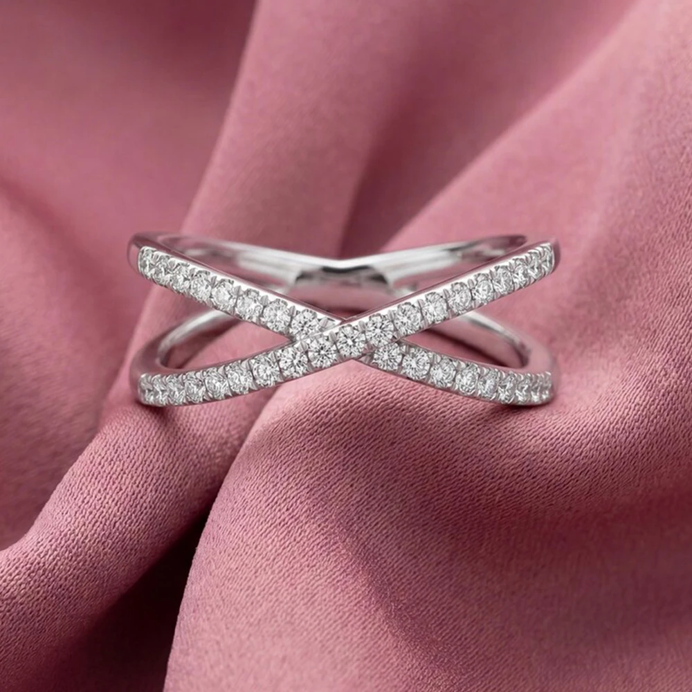 X Shaped Full Moissanite Criss Cross Ring for Women 925 Sterling Silver Gifts Micro Pave Set Half Eternity Stacking Wedding Band