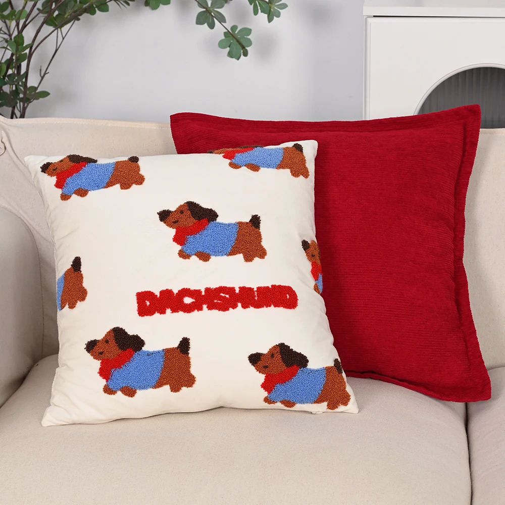 BUYNOW 1PC Dog Embroidery Solid Color Corduroy Pillowcase Cute Country Cottage Living Room Sofa Cushion Cover Home Bed Decor