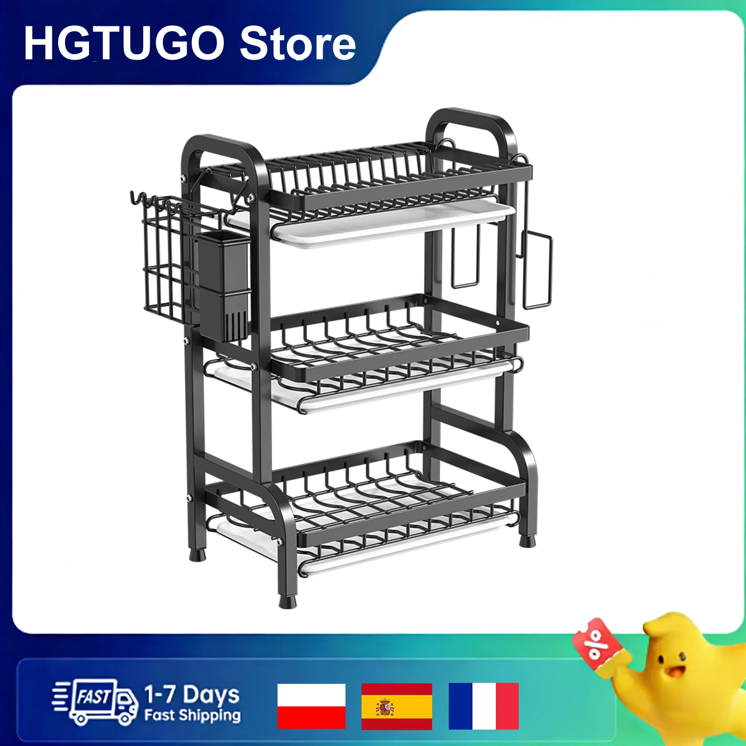 

Countertop Dish Drainer carbon Steel Kitchen Dish Rack with Utensil Storage Hook Waterproof Drying Organizer for Bowls Plates