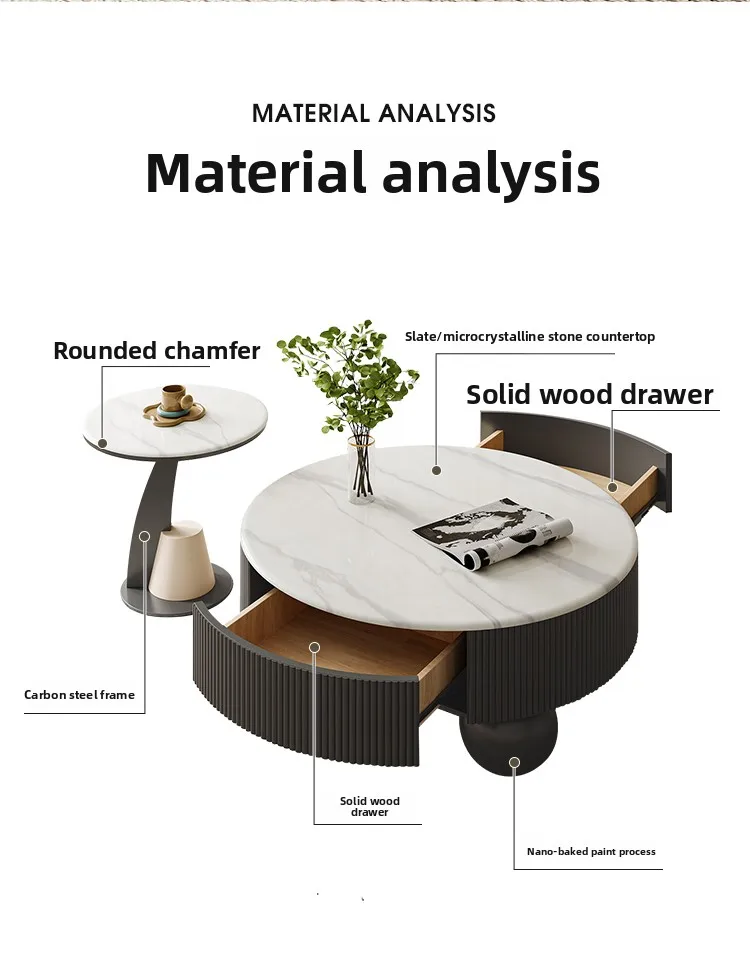 Cream Style Round Rock Slab Coffee Table, 2026 New Small Apartment High-end Microcrystalline Stone Coffee Table Combination