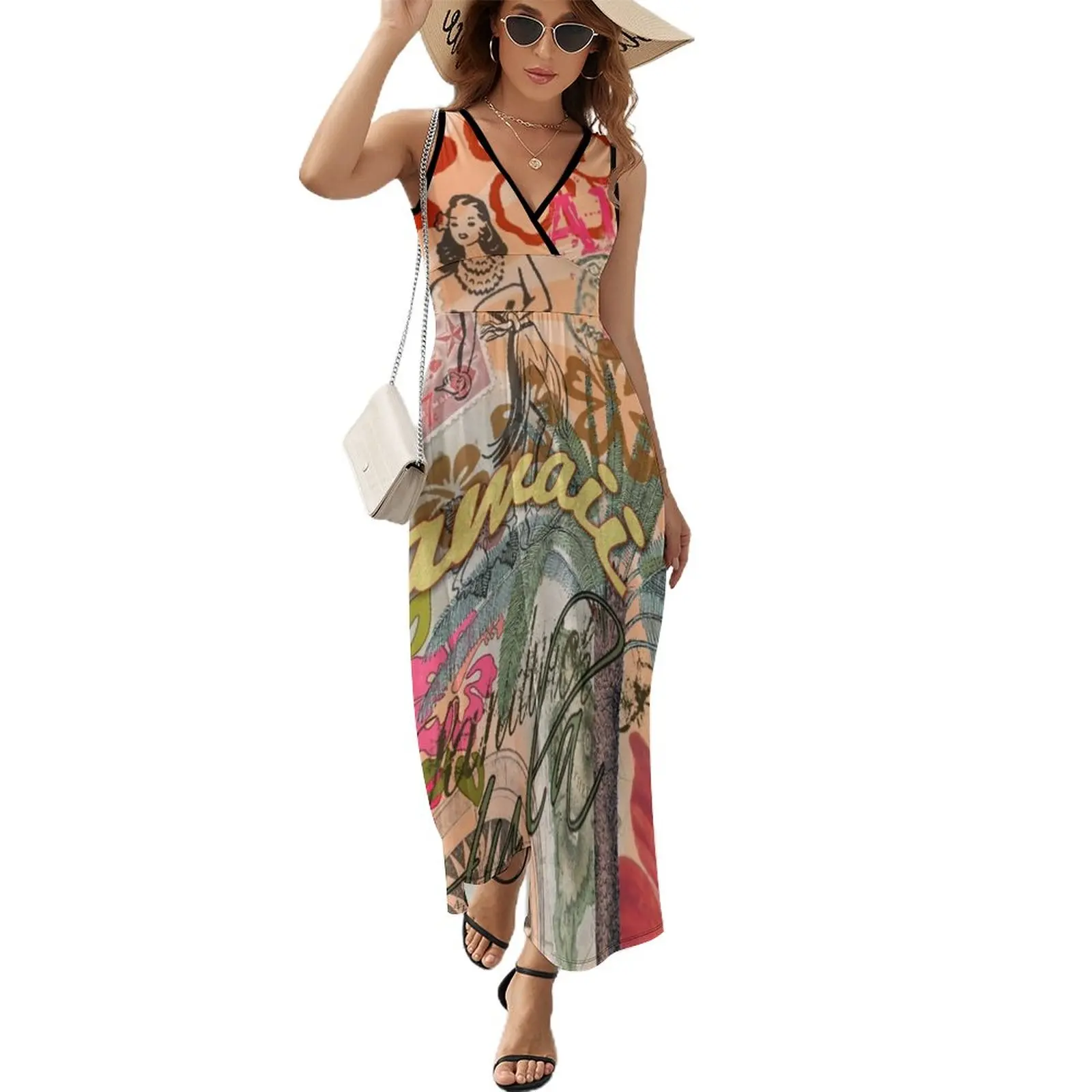 

Vintage Hawaii Travel Colorful Hawaiian Tropical Collage Sleeveless Dress Female clothing purple dress ceremony dresses
