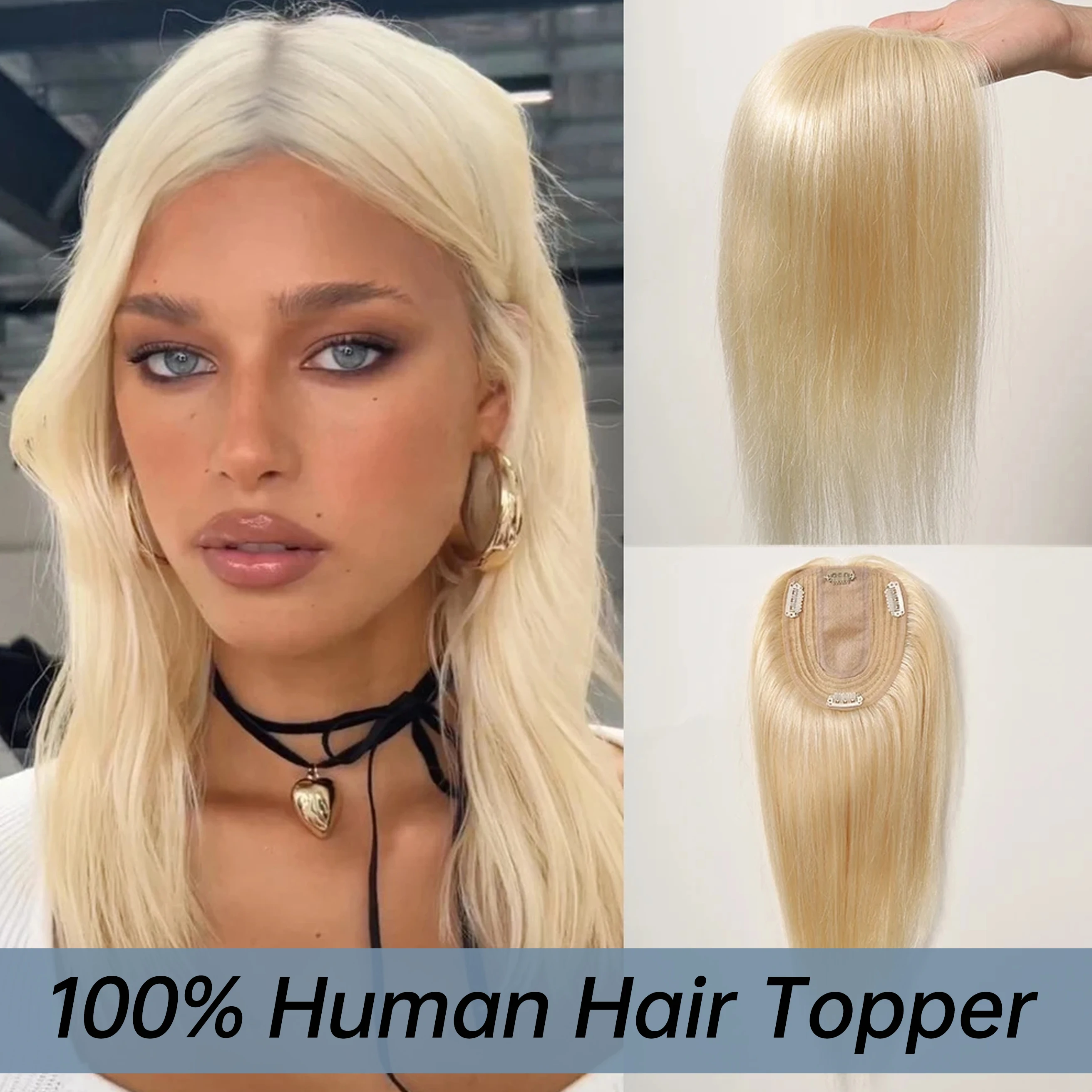 Blonde Human Hair Toppers Straight Hair Pieces Extension Clip in Remy Human Toupee Middle Part for Women Silk Base Top Toppers