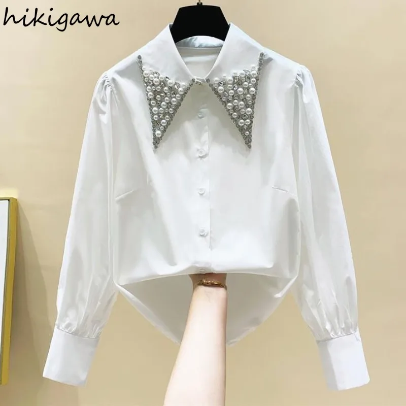 Temperament Lady Tops White Long Sleeve Blouse Women\'s Clothing Beading Diamond Fashion Shirts Loose Vintage Blouses Tops 7n766