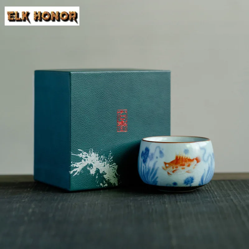 

150ml Ru Kiln Hand Painted Fish Teacup Retro Tea Bowl Cup For Tea Tea-tasting Fragrance Cup Jianzhan Master Cups Drinkware