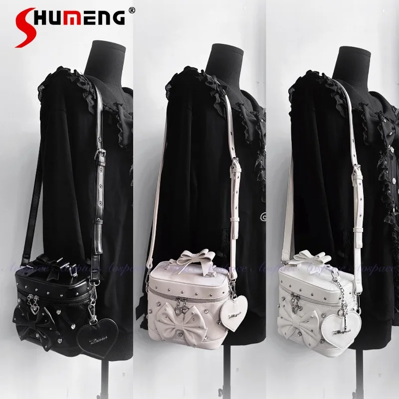 

New Japanese Original Lolita Plaid Bow Versatile Handheld Heart Diamond Crossbody Cosmetic Bag Beautiful Kawaii Cases For Girls