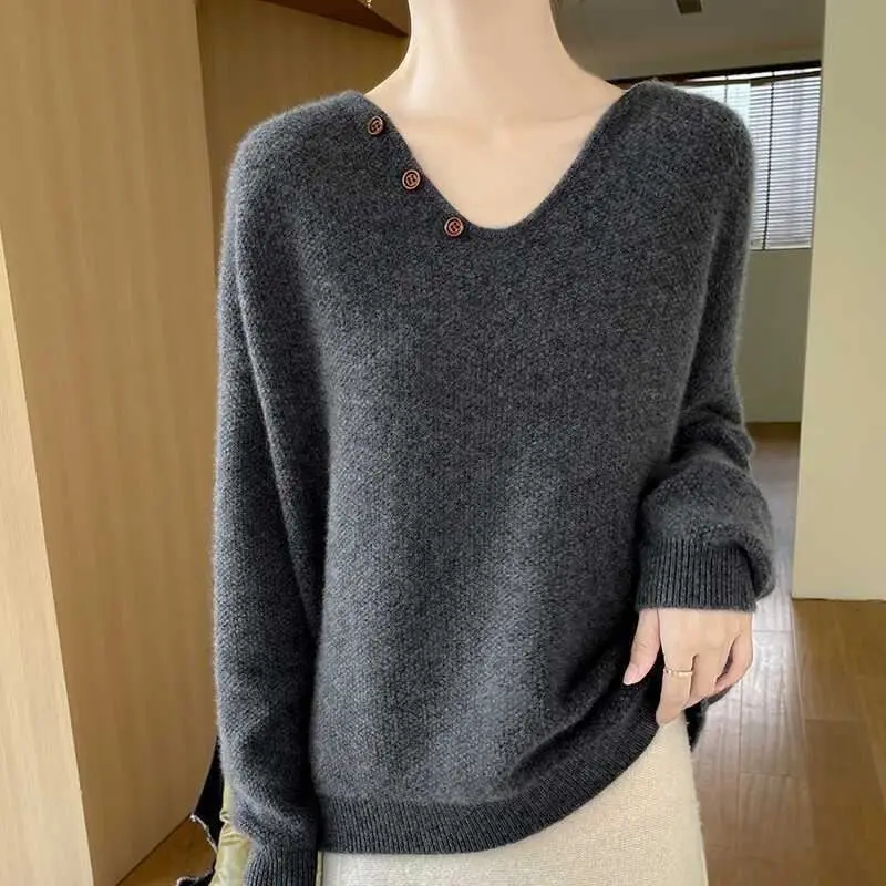 Cream V Neck Knit Sweater Long Sleeve Loose Pullover with Button Details Soft Warm Top for Women Autumn Winter 4