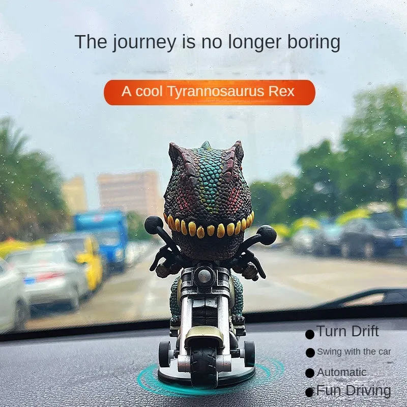 Car Drift Tyrannosaurus Rex Riding a Motorcycle Dinosaur Inertia Rotating with the Car Decompression Creative Car Ornament