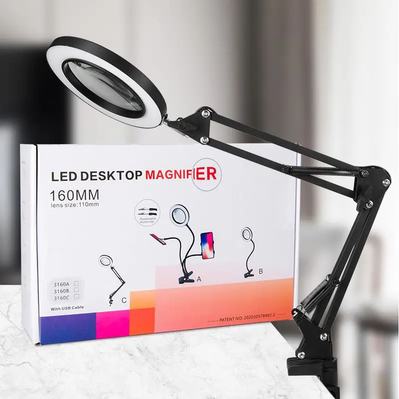 Flexible Clamp-on Table Lamp with 10x Magnifier Glass Swing Arm Dimmable Illuminated Magnifier LED Desk Light 3 Color Modes Lamp