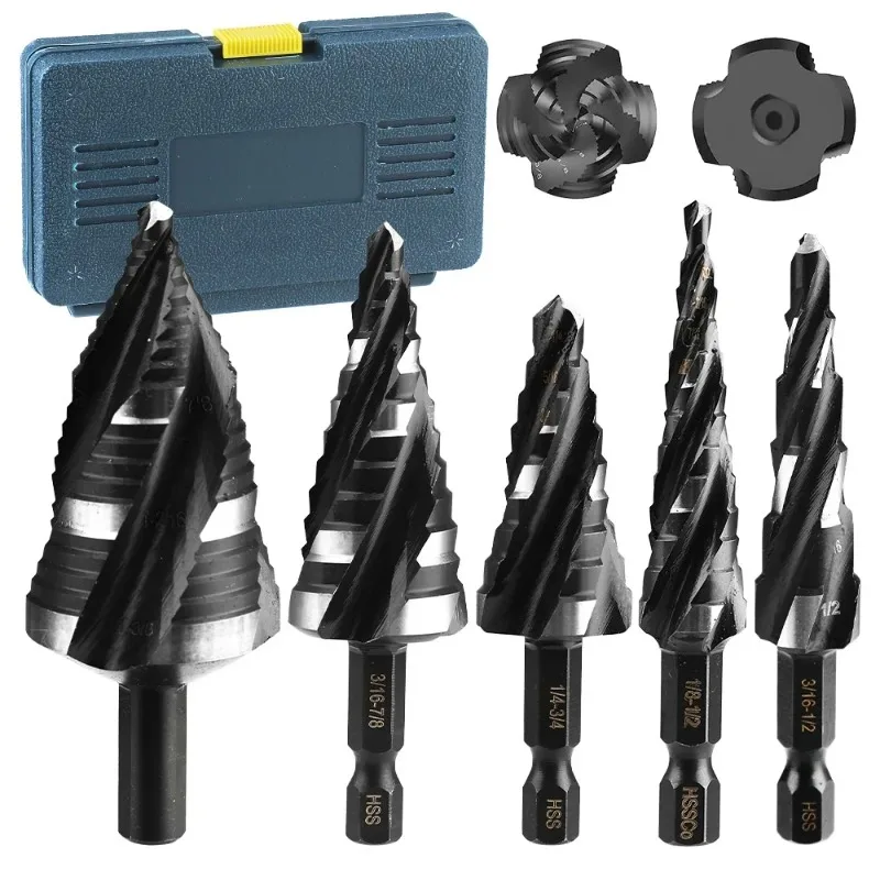 Stainless Steel Perforated Step Drill Bit 5Pcs Four Spiral Flute Step Bits for Metal 43 Sizes Titanium-Coated HSS Drill Bits Set