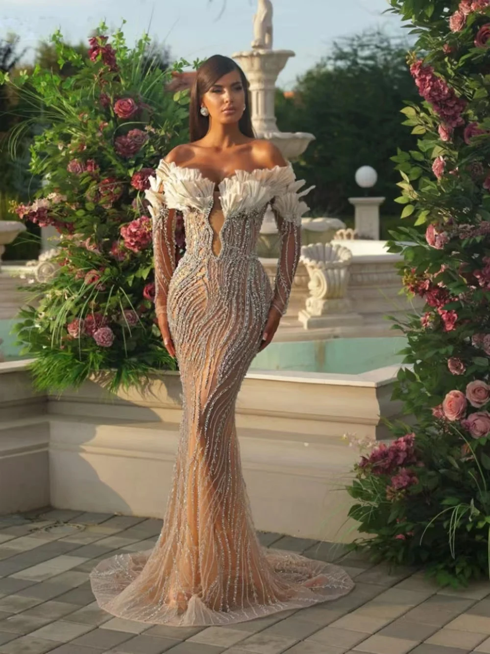 Luxury Mermaid Wedding Dresses For Women Sequins Off Shoulder Bridal Gown Slim Fit Sweep Train Long Sleeves Dress Custom Made